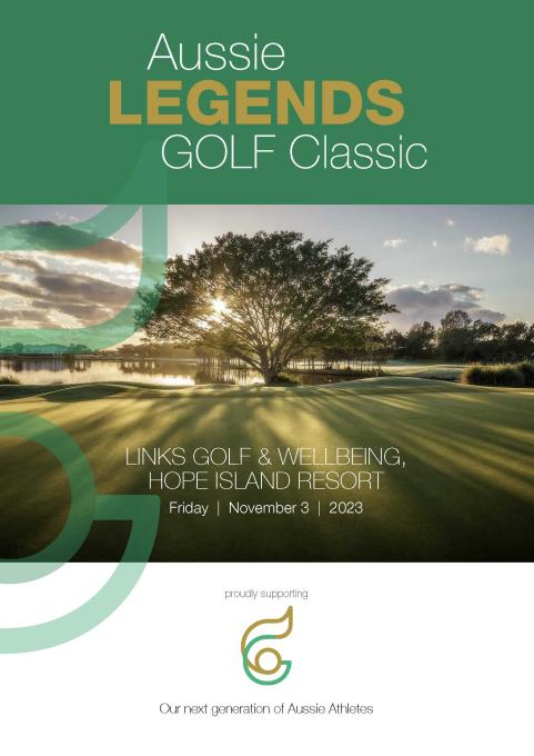 Aussie Legends Golf Classic text with the image of a flourishing tree on a golf course